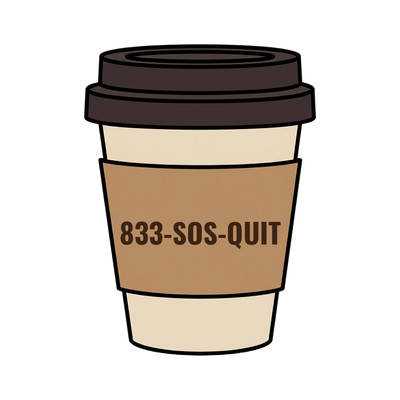 833-SOS-QUIT on a coffee cup