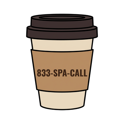 833-SPA-CALL on a coffee cup