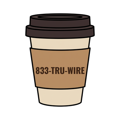833-TRU-WIRE on a coffee cup