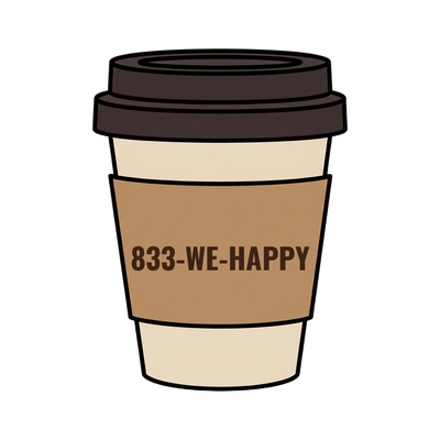 833-WE-HAPPY on a coffee cup