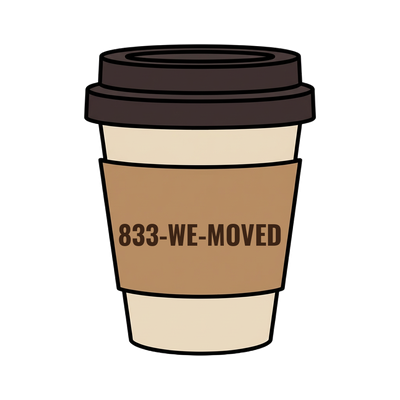 833-WE-MOVED on a coffee cup