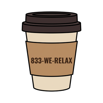 833-WE-RELAX on a coffee cup