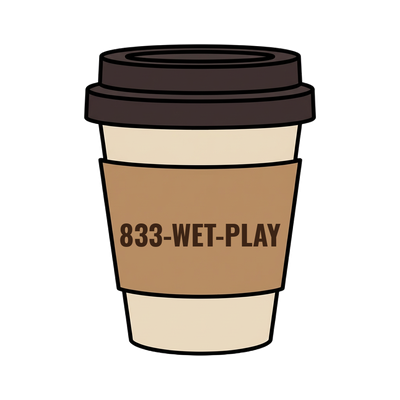 833-WET-PLAY on a coffee cup