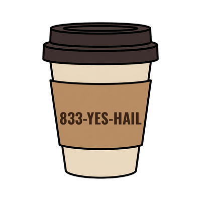 833-YES-HAIL on a coffee cup