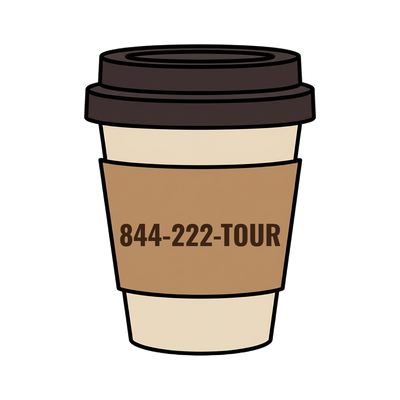 844-222-TOUR on a coffee cup