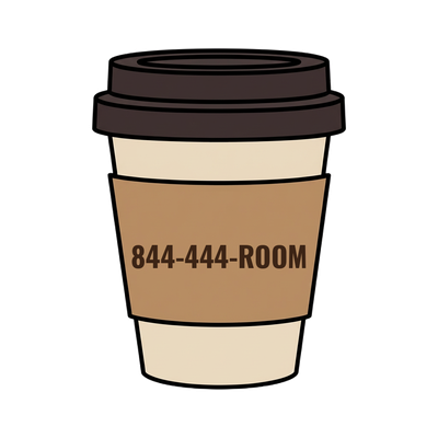 844-444-ROOM on a coffee cup