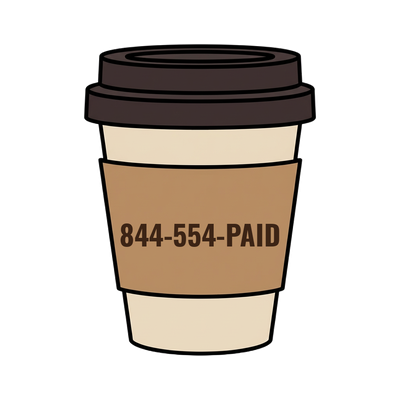 844-554-PAID on a coffee cup