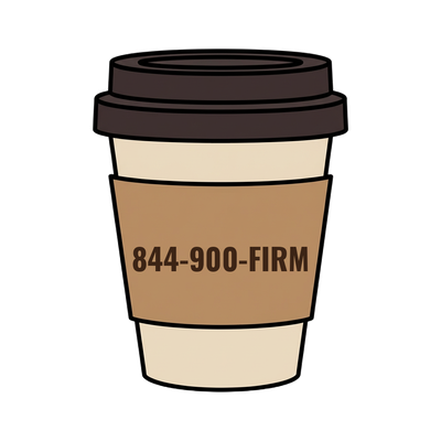 844-900-FIRM on a coffee cup