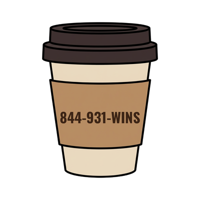 844-931-WINS on a coffee cup