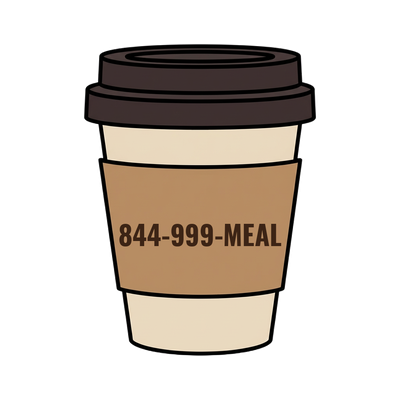 844-999-MEAL on a coffee cup
