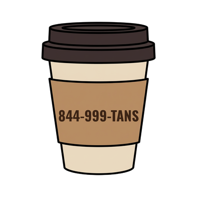 844-999-TANS on a coffee cup