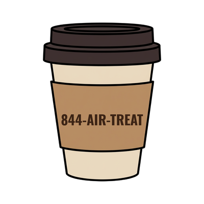844-AIR-TREAT on a coffee cup