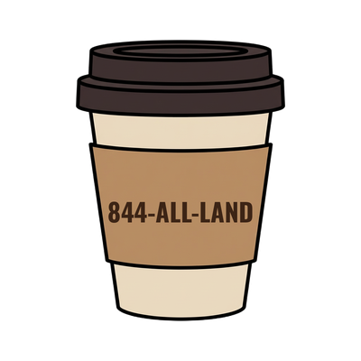 844-ALL-LAND on a coffee cup