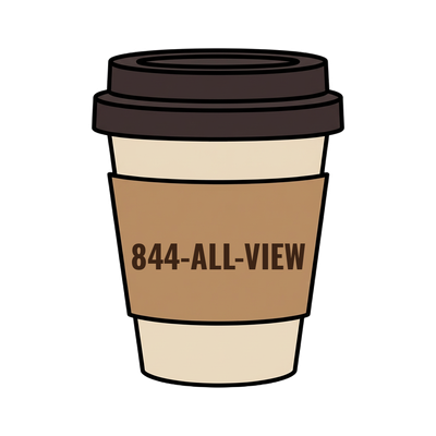 844-ALL-VIEW on a coffee cup