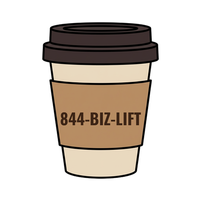 844-BIZ-LIFT on a coffee cup