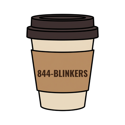 844-BLINKERS on a coffee cup