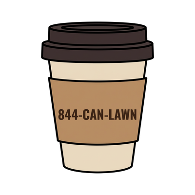 844-CAN-LAWN on a coffee cup