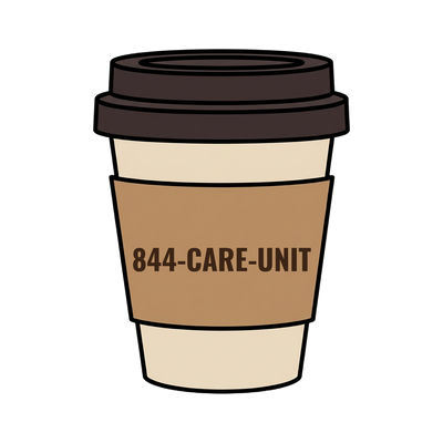 844-CARE-UNIT on a coffee cup