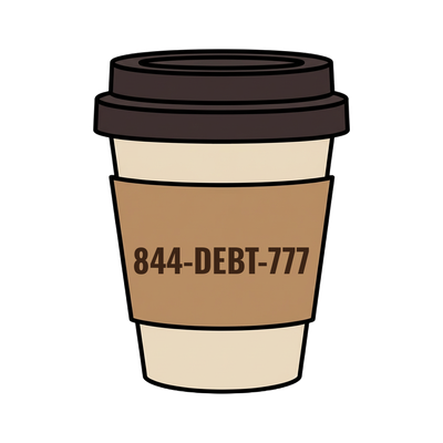 844-DEBT-777 on a coffee cup