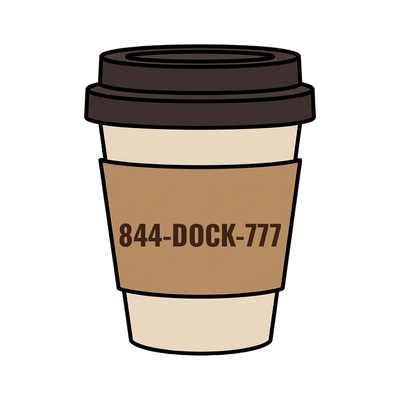844-DOCK-777 on a coffee cup