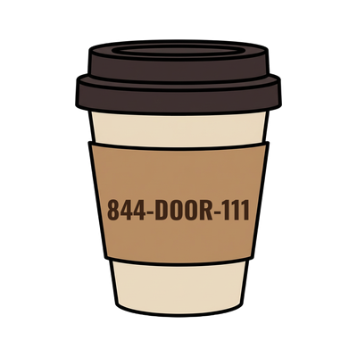 844-DOOR-111 on a coffee cup