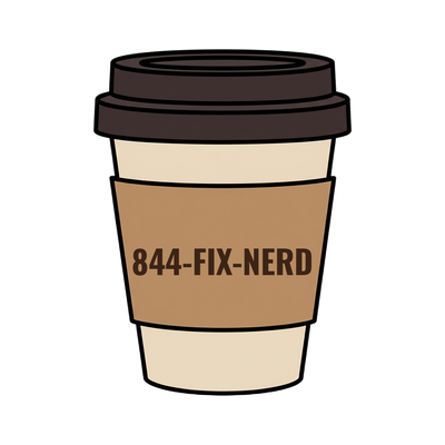 844-FIX-NERD on a coffee cup