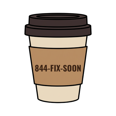 844-FIX-SOON on a coffee cup