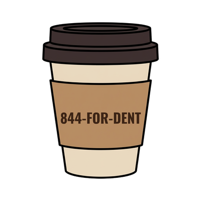 844-FOR-DENT on a coffee cup