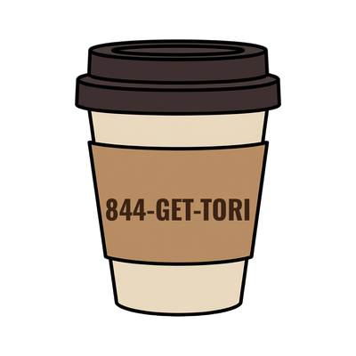 844-GET-TORI on a coffee cup