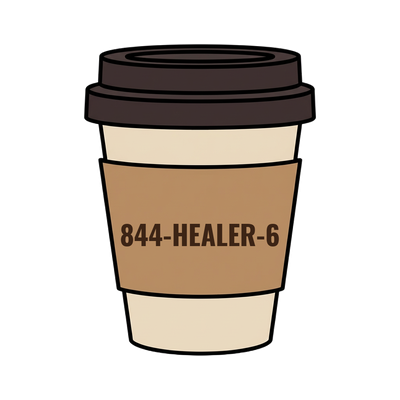 844-HEALER-6 on a coffee cup