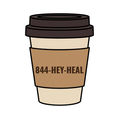 844-HEY-HEAL on a coffee cup