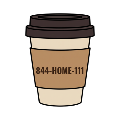844-HOME-111 on a coffee cup