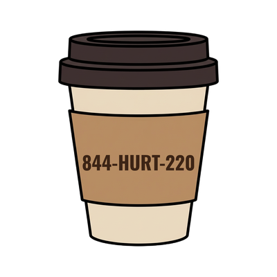 844-HURT-220 on a coffee cup