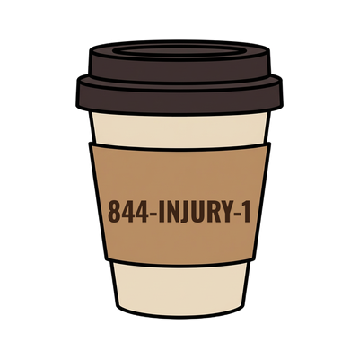 844-INJURY-1 on a coffee cup