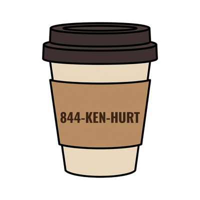 844-KEN-HURT on a coffee cup