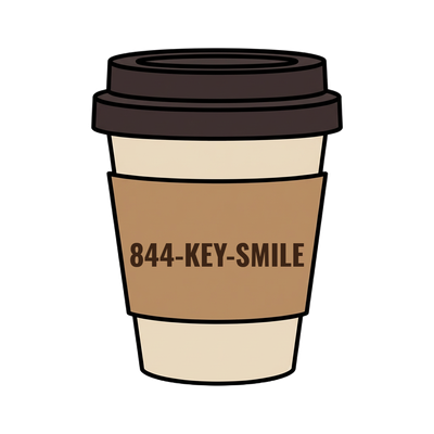 844-KEY-SMILE on a coffee cup