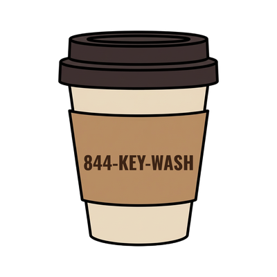 844-KEY-WASH on a coffee cup