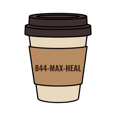 844-MAX-HEAL on a coffee cup