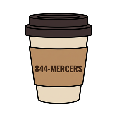 844-MERCERS on a coffee cup