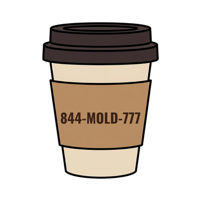 844-MOLD-777 on a coffee cup