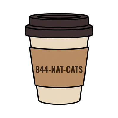 844-NAT-CATS on a coffee cup