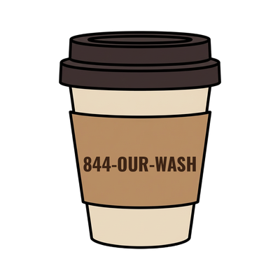 844-OUR-WASH on a coffee cup