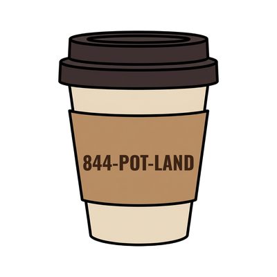 844-POT-LAND on a coffee cup