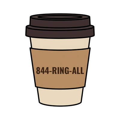 844-RING-ALL on a coffee cup