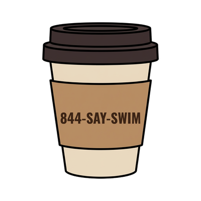 844-SAY-SWIM on a coffee cup