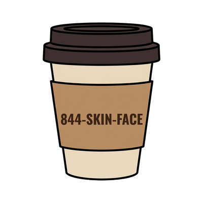 844-SKIN-FACE on a coffee cup