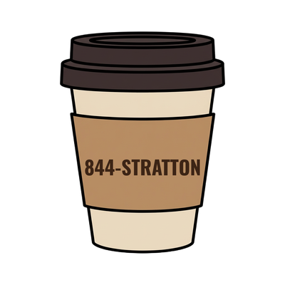 844-STRATTON on a coffee cup