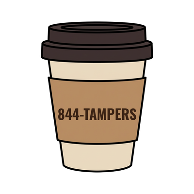 844-TAMPERS on a coffee cup