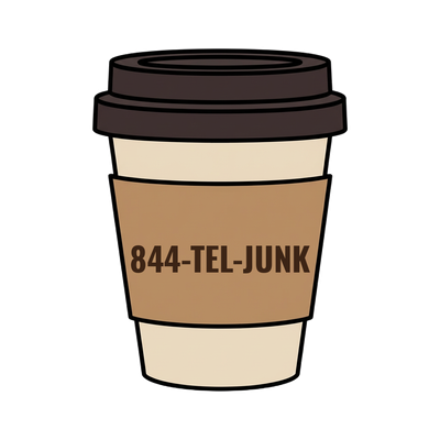 844-TEL-JUNK on a coffee cup