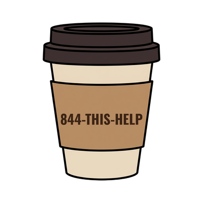 844-THIS-HELP on a coffee cup